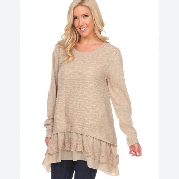 Womens Beige Layered Knit Sweater With Lace Peplum Trim Simply Couture XL - Picture 2 of 9